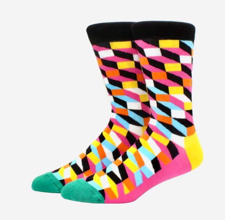3 Pairs Pack Geometric Assorted Colours Combed Cotton Crew Socks (B)