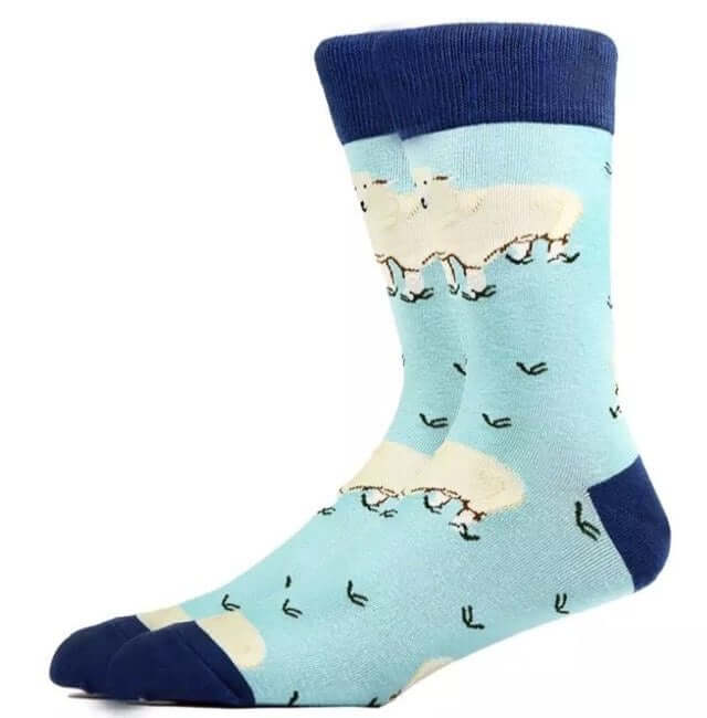 Sheep themed two tone blue socks.