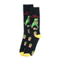 Dinosaur, burger and fries themed socks (black with yellow toes and heels) with 'I said no onions!' slogan. 