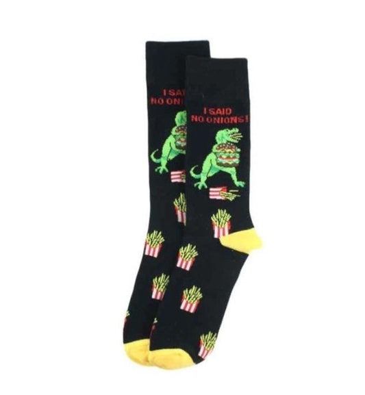 Dinosaur, burger and fries themed socks (black with yellow toes and heels) with 'I said no onions!' slogan. 