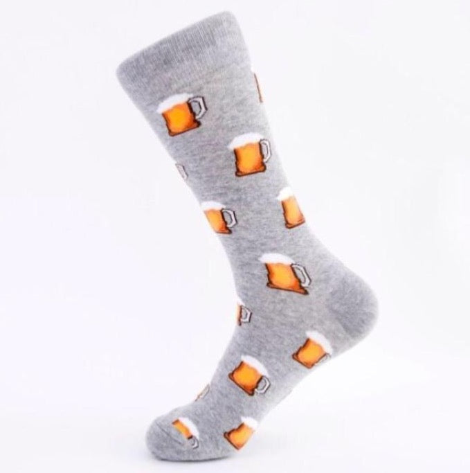 Grey socks with beer glass motifs.