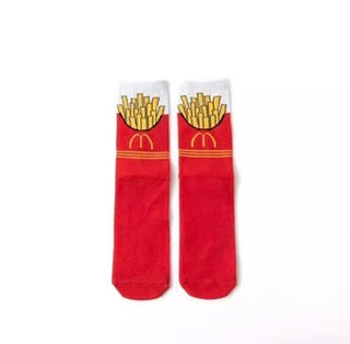 Red socks with a picture of McMkey's French fries on the ankle.