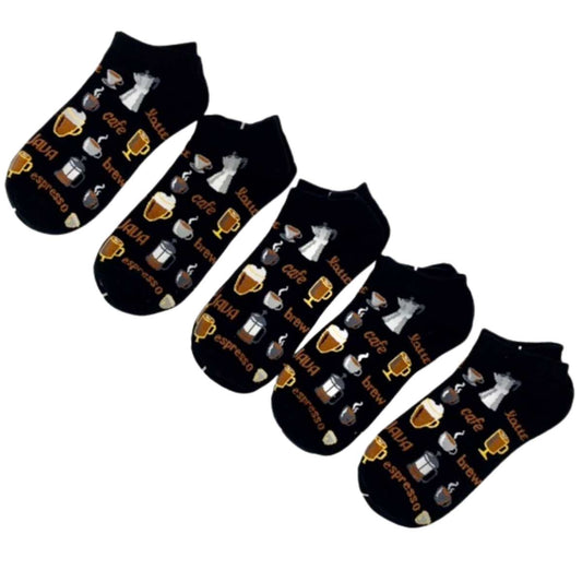 Unisex Coffee Themed Trainer Socks 5 pairs Size 6-12 UK
