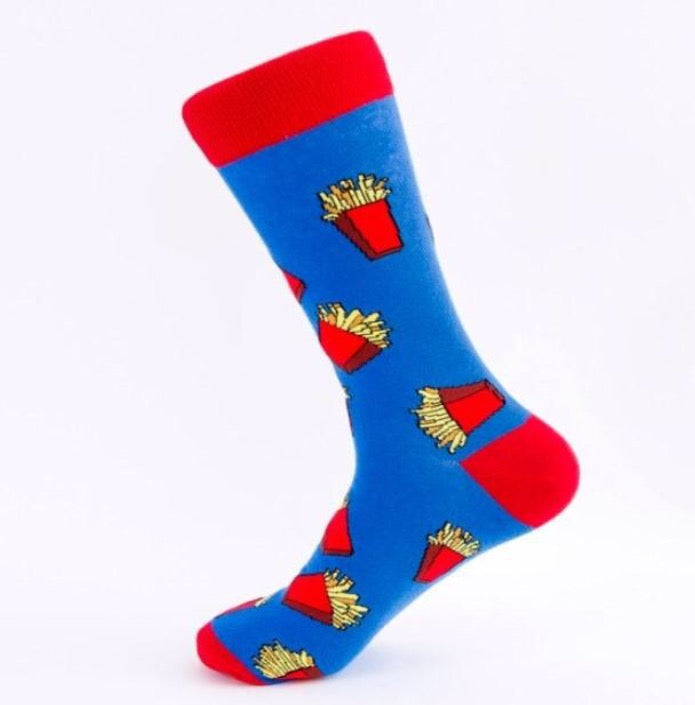 Blue socks with red toes, heels and cuffs and french fries motifs. 