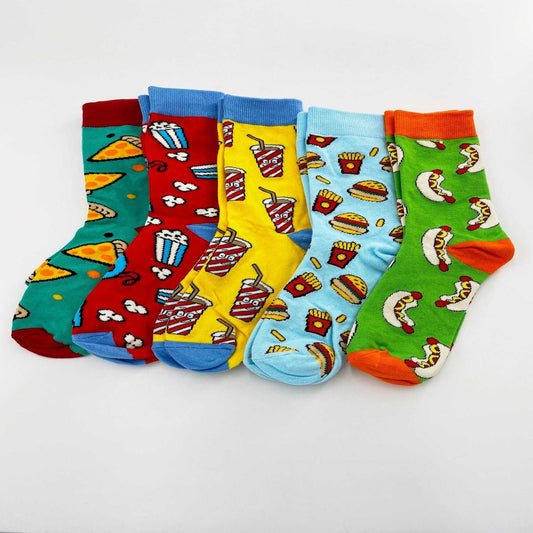 5 colourful pairs of food socks featuring burgers & fries, pizza slices, popcorn, hot dogs and fizzy pop