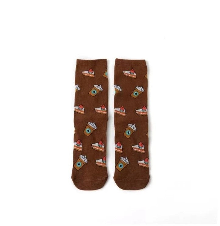 Chocolate brown socks with "cake and a shake" motifs. 