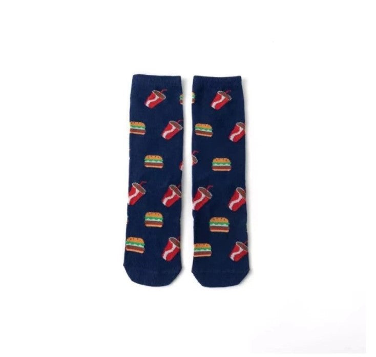 Navy blue socks with burger and fizzy drink motifs. 