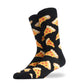Black socks with pepperoni pizza slices motifs.