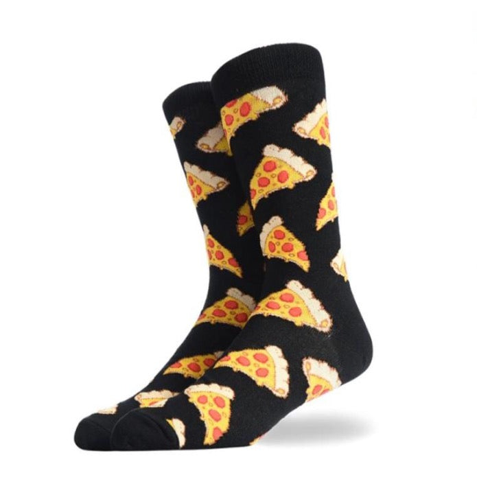 Black socks with pepperoni pizza slices motifs.