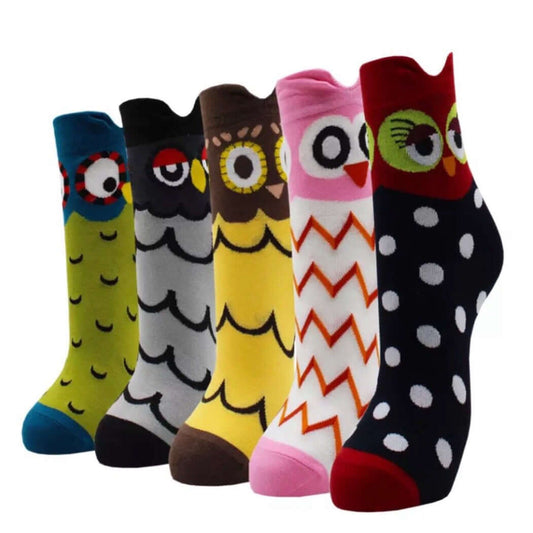 Socks in green, grey, yellow, white and black with cute owl faces on the ankles.  Patterns include zig-zag, wavy lines or polka dots.