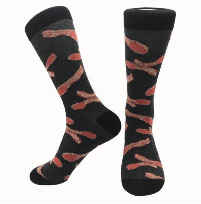 Black socks with rashers of bacon motifs. 