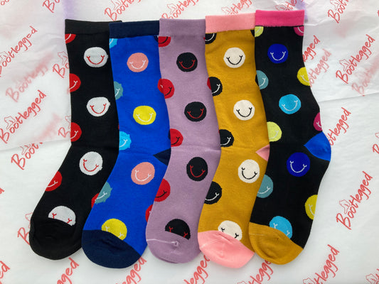 Ladies Smiley Faces 5 Pairs Pack of Cotton Crew Socks Sizes UK 3-8 EU 35-42
