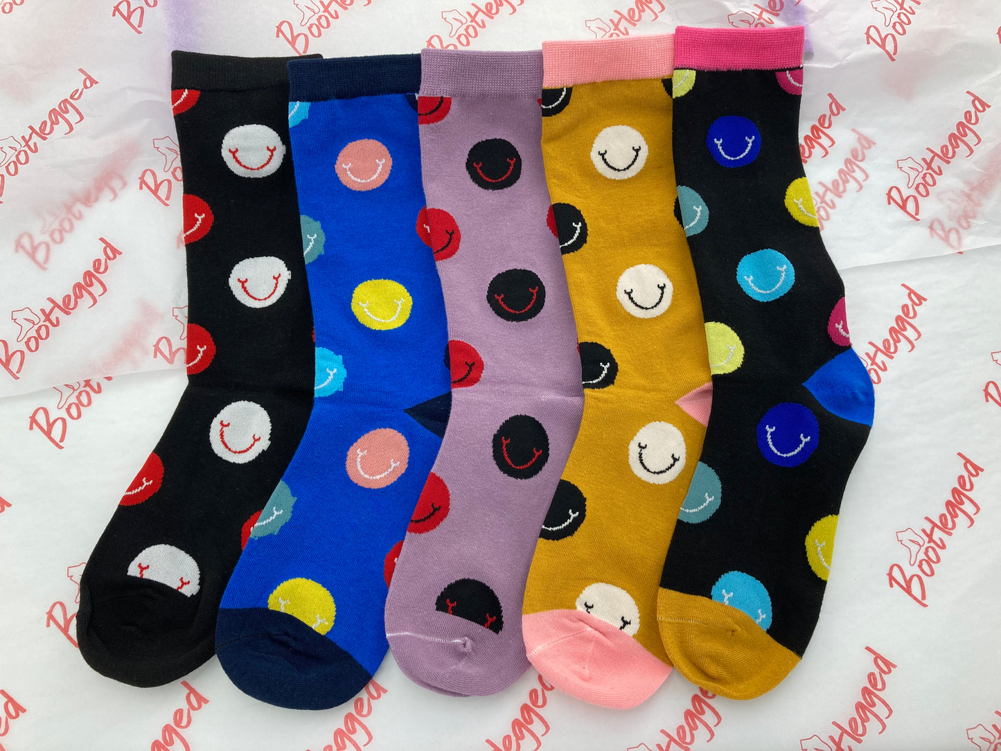 Ladies Smiley Faces 5 Pairs Pack of Cotton Crew Socks Sizes UK 3-8 EU 35-42