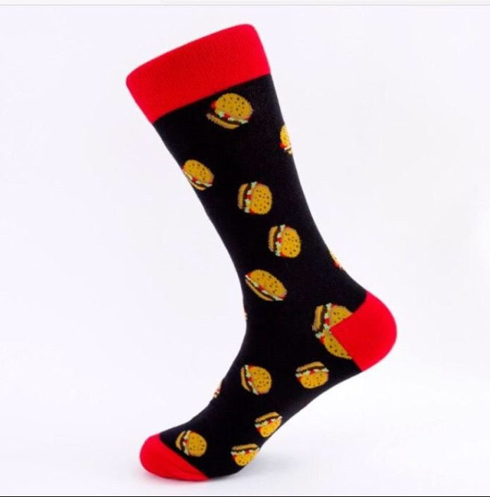 Black socks with red toes, heels and cuffs and burger motifs. 